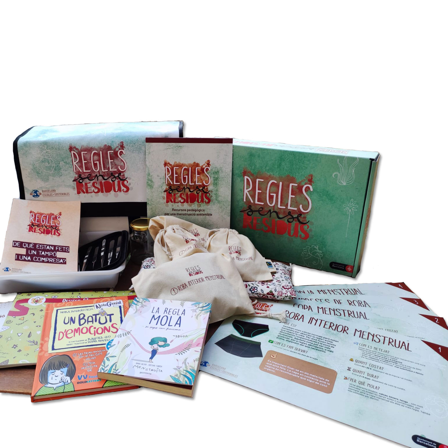 Disseny de la imatge gràfica, caixa, dossier, fitxes, bosses de productes, per donar recursos pedagògics per a una menstruació sostenible.
